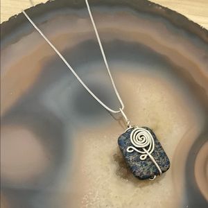 Handmade lapis wire wrapped pendant necklace sterling silver new